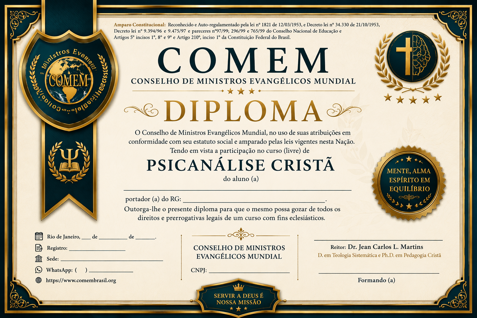 Certificado Psicanálise Cristã COMEM Brasil
